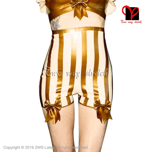 Sexy Latex Briefs With Bows White with gold trims  Underwear shorts Sexy high rise undies thong Rubber Underpants KZ-125