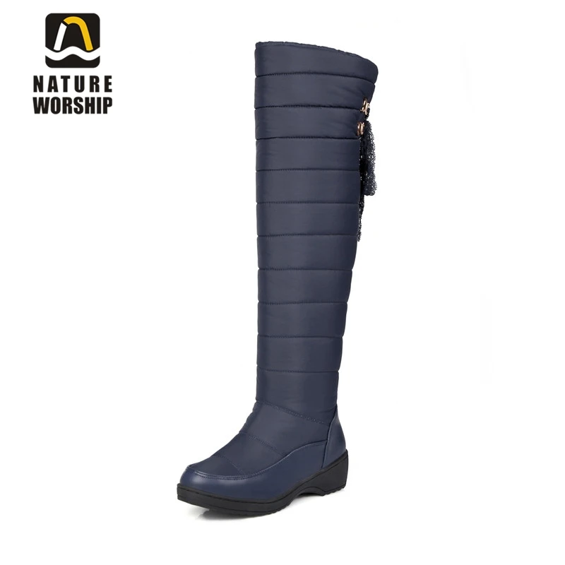 

Nature Worship New Fashion Square Heels Women Shoes Warm Over Knee Boots Plush Winter Ladies Shoes Riband Platform Boot Big Size