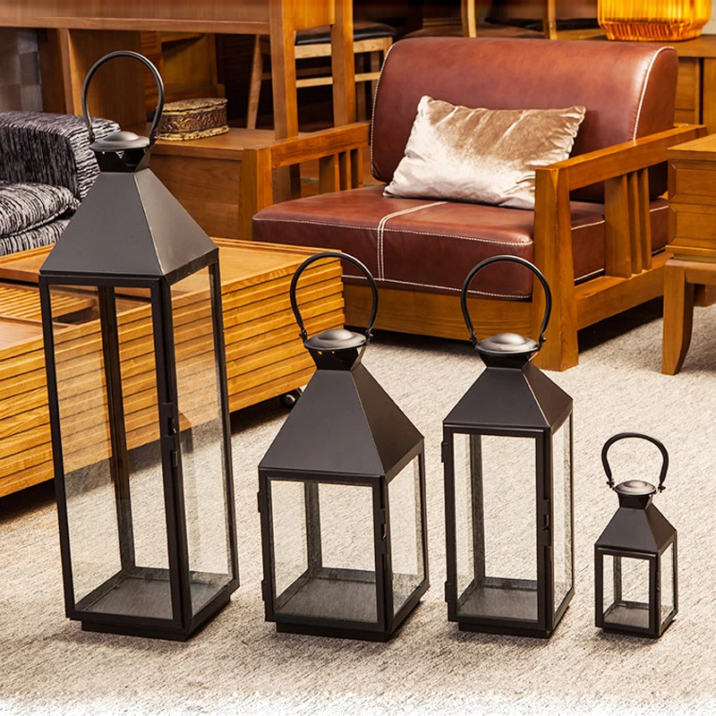 European Style Iron Glass Candlestick Lantern Moroccan Style Candles Lantern Glass Black / White / Bronze Color