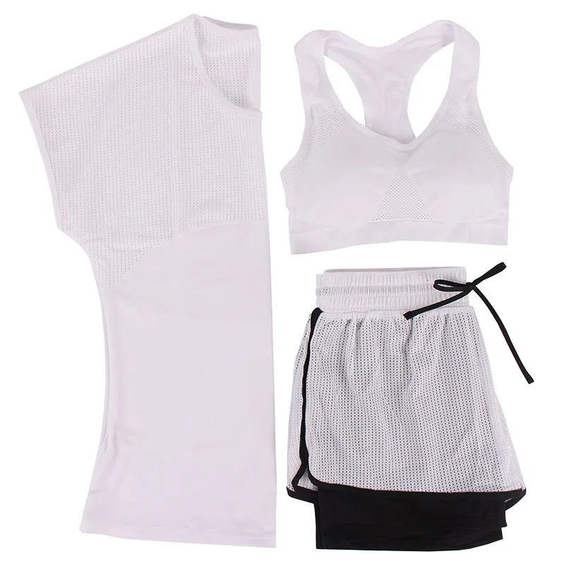 Белый MAIJION 3шт. Спортивный набор для тренировок: футболка, шорты и топ. Спортивный набор из быстросохнущего материала - Цвет: Белый
