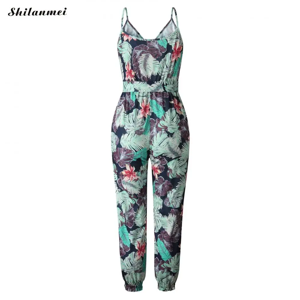 

Floral Printed Sexy Rompers Casual Bodysuits Female Women Long Playsuit Backless Straight Spaghetti Strap Summer Beach Jumpsuit