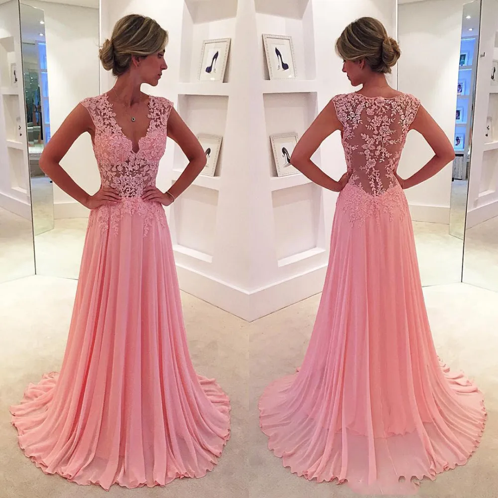 Pink Sheer Back Sexy Prom Dresses Illusion Lace Strap Adult Girls Party Dress A Line vestido de festa Evening Gowns | Свадьбы и