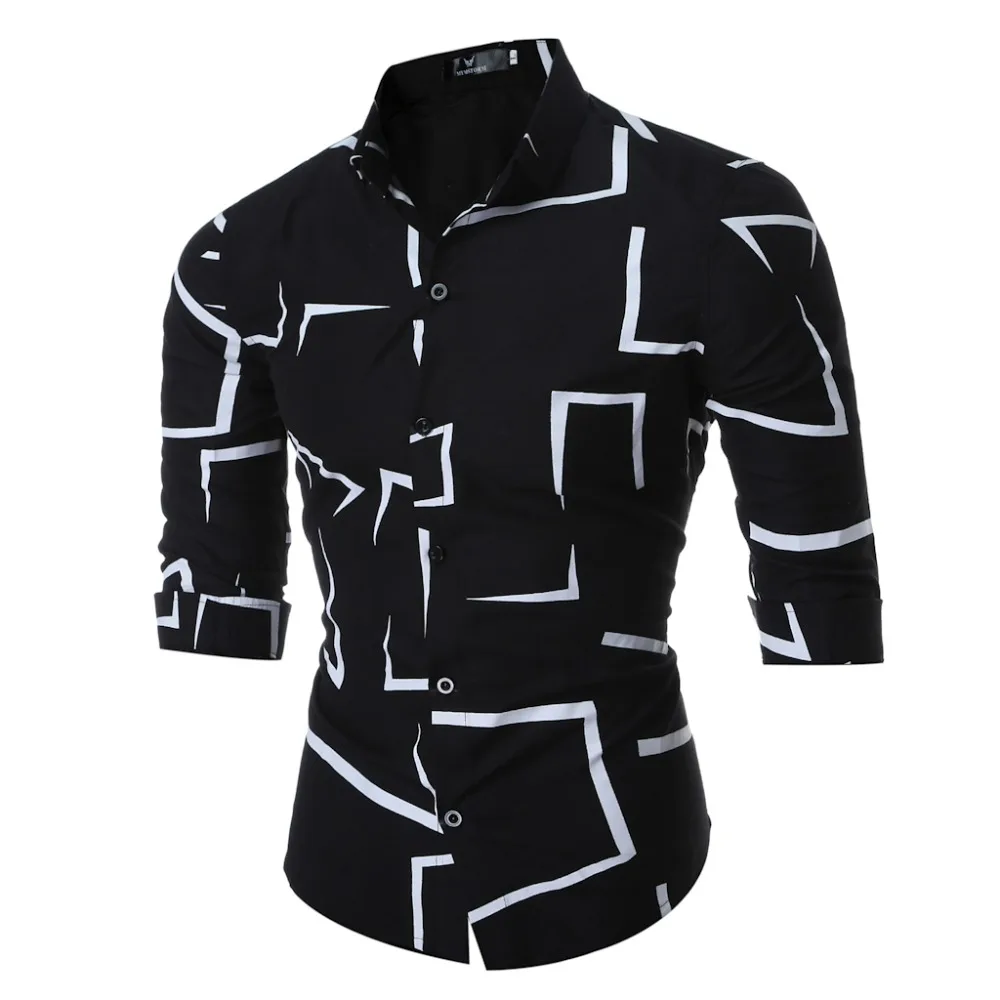 High Quality Men Shirt Brand Fashion Casual Slim Geometric Print Long Sleeve Shirt Men Business Social White Top Clothes