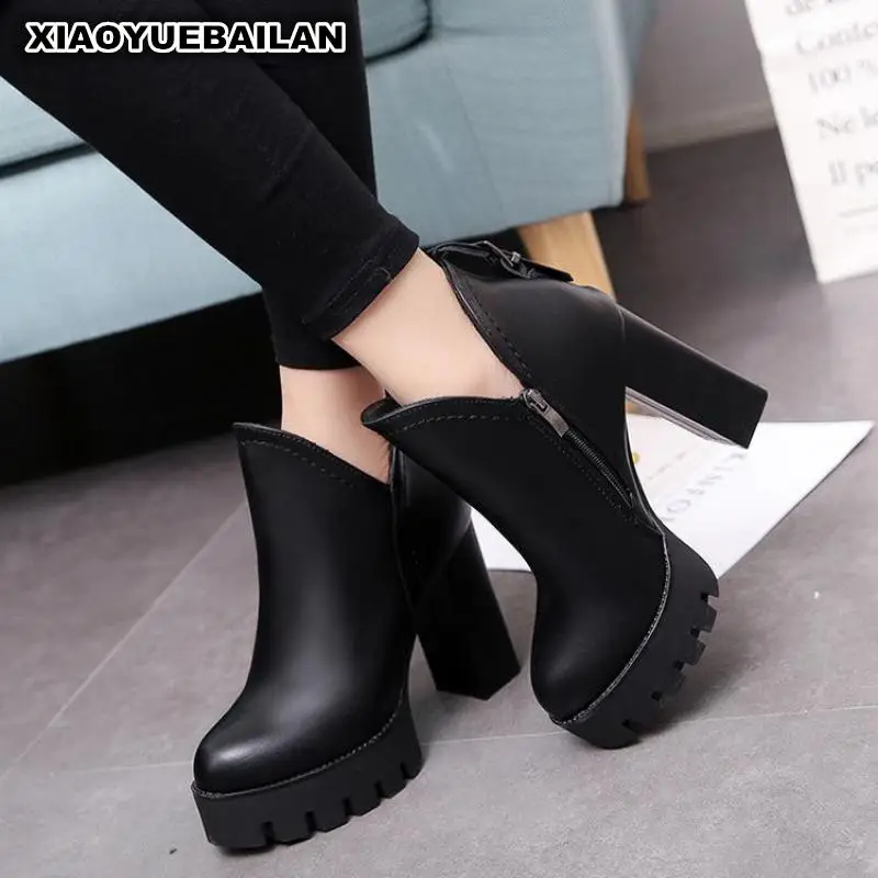 2017 г. Модные Ботинки Martin на высоком каблуке осенне зимние ботинки молнии сбоку