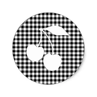 3 8 см белые вишни с черной клеткой классическая круглая наклейка