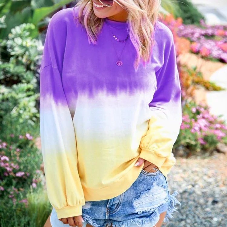 Purple Vieuunsta 5XL Осенняя мода градиентный цвет печати толстовки для женщин толстовка Сексуальная О-образным вырезом с длинным рукавом пуловер женский спортивный костюм топы - Цвет: Purple