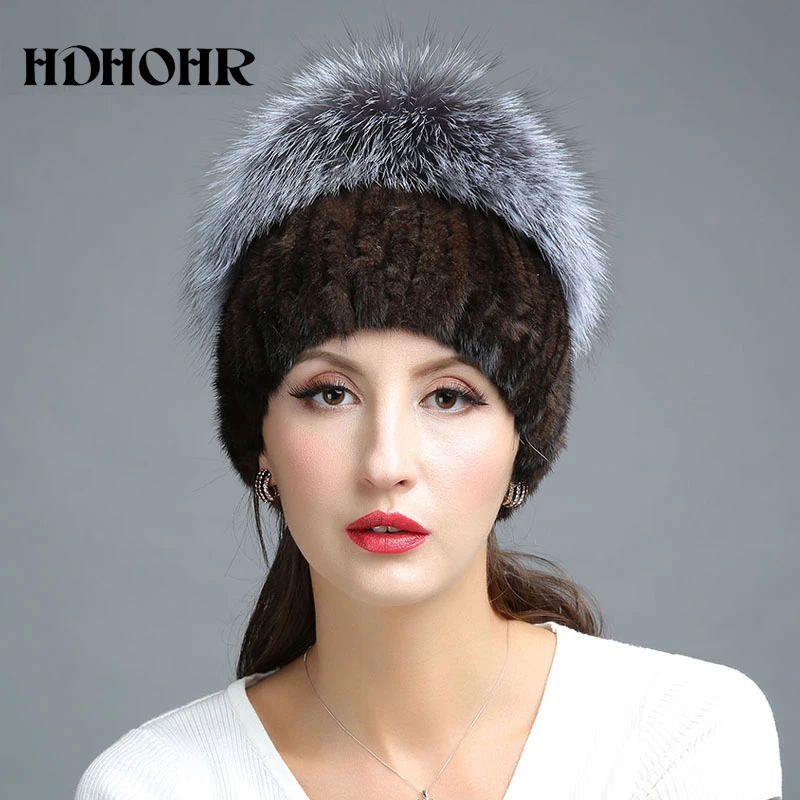HDHOHR, модная зимняя шапка из натурального меха, женская меховая шапка из натуральной норки с мехом серебристой лисы, вязаные шапки, новые женские меховые шапки