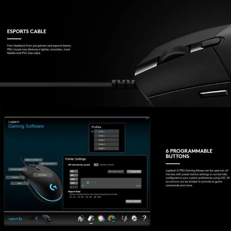 Игровая мышь logitech G Pro FPS 12000 dpi, RGB подсветка, 6 программируемых кнопок макросъемки, проводная мышь для конкурентной игры