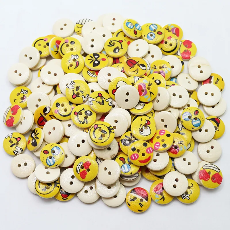 200pcs Painted wooden buttons for crafts mixed children's cartoon smiley face printing button 15mm 2-Holes Button C1-19 | Дом и сад