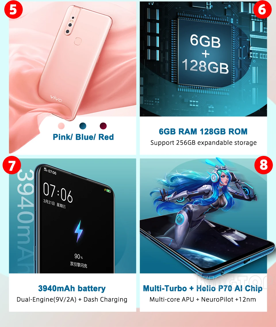 vivo S1 Мобильный телефон 6,5" 6 ГБ 128 ГБ Helio P70 Восьмиядерный 3940 мАч фронтальная камера 24,8 МП 3 тыловая камера s Selife смартфон