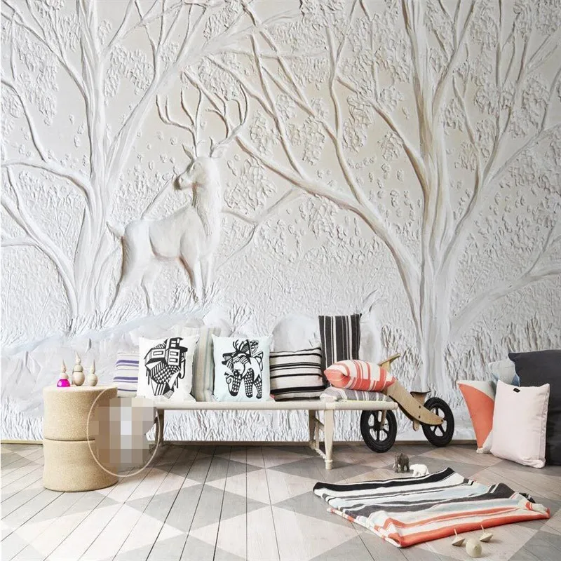 wallpaper-3D White relief wall deer tree Recreation elegant living room pictures mural murals-3d papers home decor | Обустройство