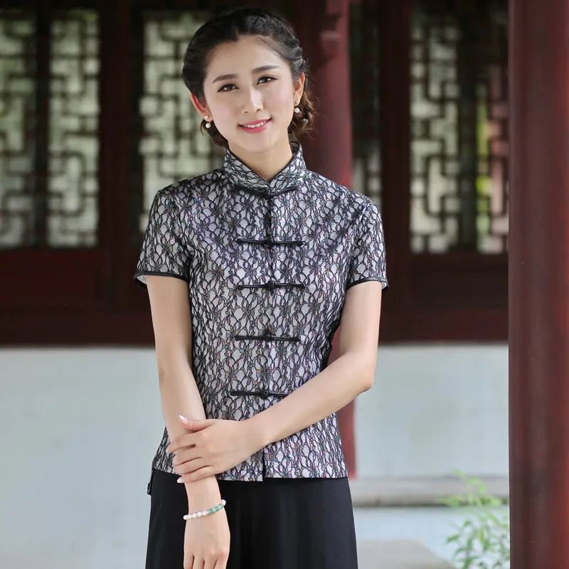 Женский Кружевной Костюм Tang летняя блузка традиционная элегантная обтягивающая