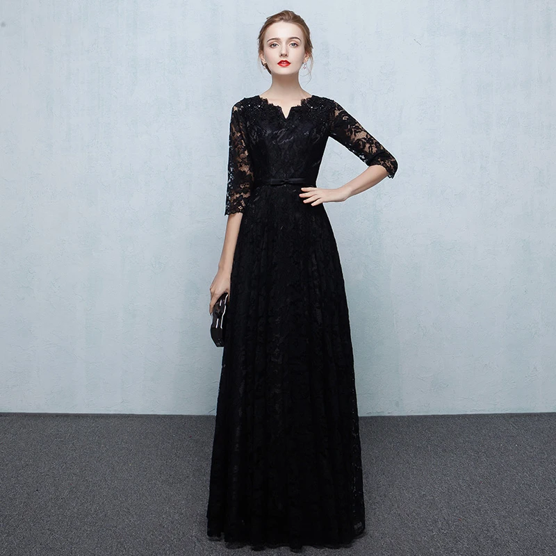 Черные длинные элегантные платья для выпускного вечера 2019 круглый вырез