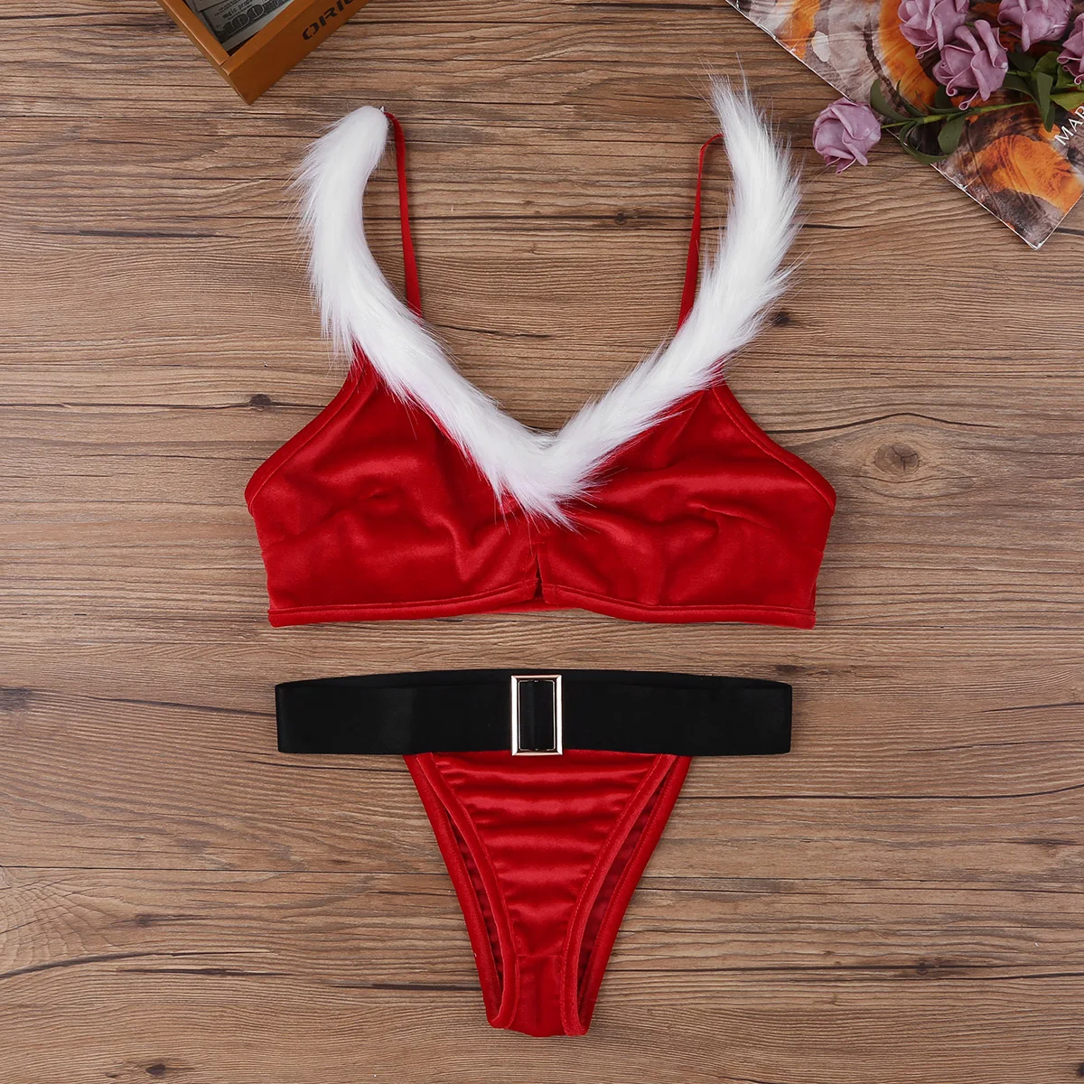 2 шт рождественское бикини Набор красный сексуальный бархат V шеи женский