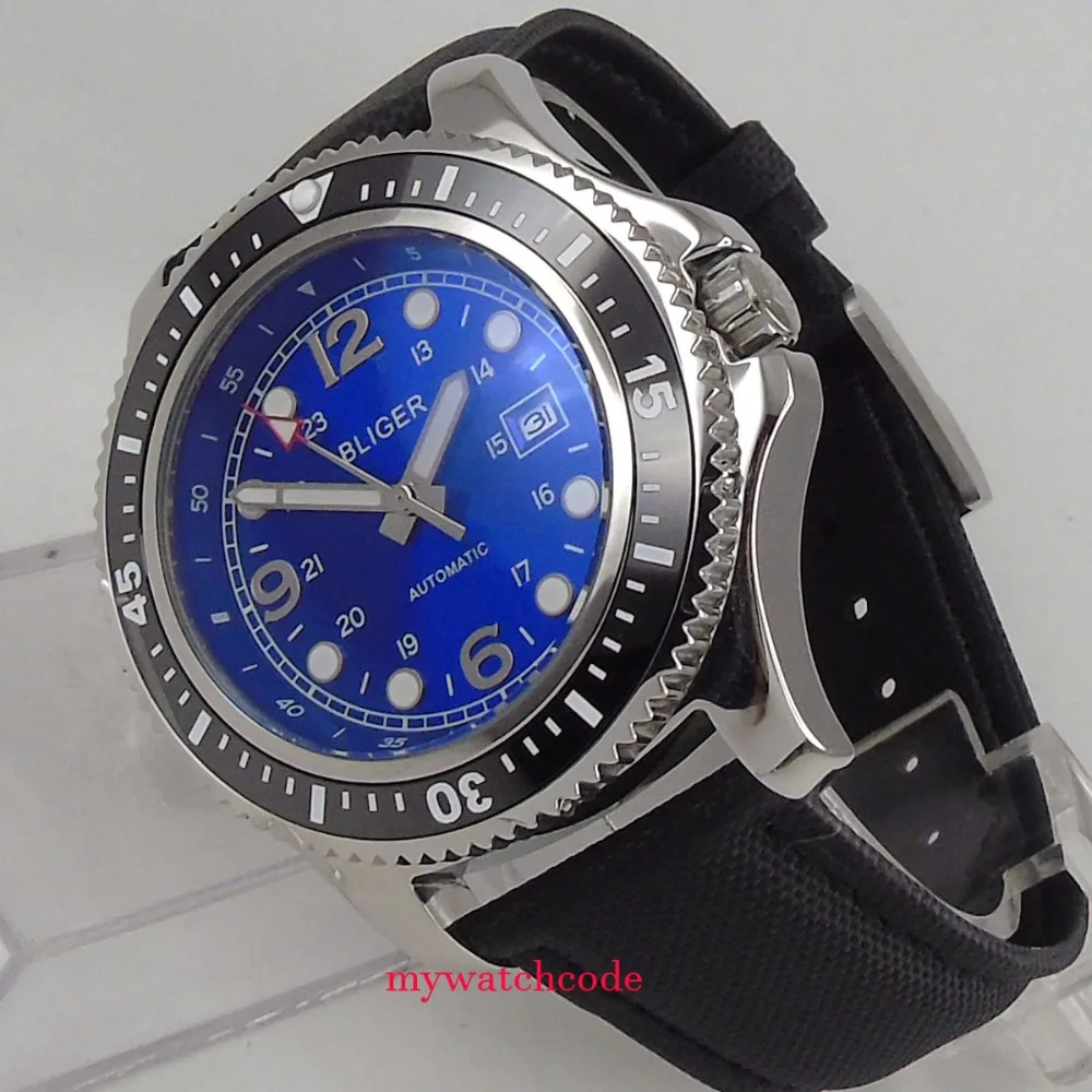 

44mm bliger blue sterile dial luminous marks ceremaic bezel date Automatic mens Watch