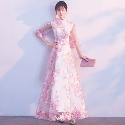 Розовый Шампанское кружевное китайское платье Qipao вечерние платья свадебное платье с разрезами по бокам и воротником-стойкой платье новое вечернее платье восточные Свадебные платья Vestido Размер 2XL - Цвет: Розовый