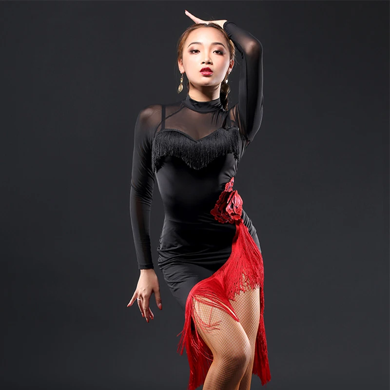 Платье для латинских танцев, черное платье с длинным рукавом для латинских танцев, красное платье с бахромой, женская одежда для соревнований, одежда для выступлений, сальсы, Танго, ча-ча, одежда A3130
