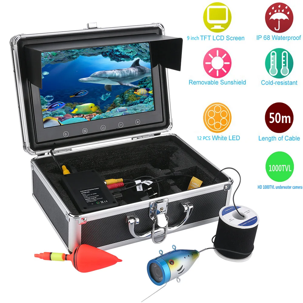 Цена Бесплатная доставка! Видеокамера для подводной рыбалки, камера с цветным монитором 9 дюймов, 20 м, 1000 ТВЛ, 12 светодиодов