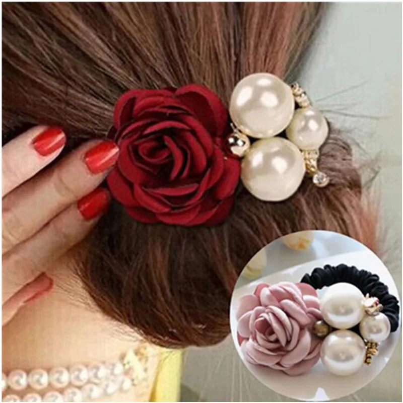 

Satin Rose Flower Hair Band for Women Korean Style Pearl Hair Band with Crystal Hair Rope Elastic Ponytail Hair Band Stock