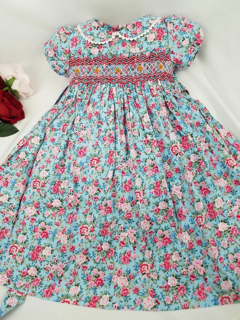 Spring Summer Girls Smocking Embroidery Dresses Floral Prints Doll Dress For kids Girl Princess Smocked Party Dresses