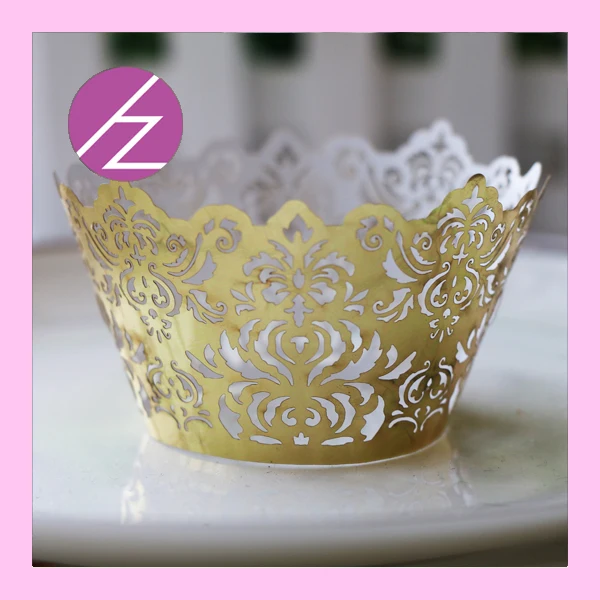 

100Pcs/Lot Delicate Laser Cut Carved Pattern Cupcake Wrapper Luxury Metallic Gold Wedding Birthday Party Decoration