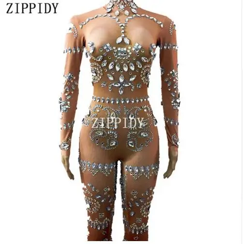 2019Fashion Glisten Crystals Stones Jumpsuit Sexy Evening Party Wear Bright Bodysuit Costume Prom Birthday Celebrate Outfit