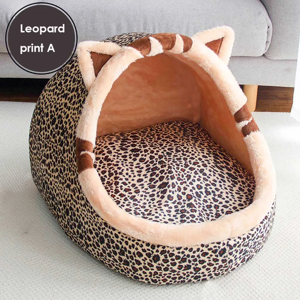 Leopard print A Милый Кот Мягкий домик для домашних животных кошки кровать теплое гнездо для маленьких собак спальный моющийся коврик Домашние животные складные домики щенок котенок кровать продукт - Цвет: Leopard print A