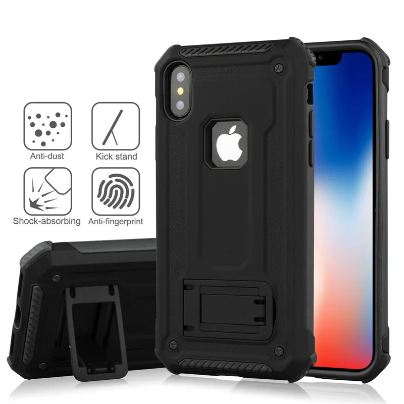 Гибридный двухслойный жесткий ТПУ+ PC Kickstand чехол для телефона для iPhone XS Max XR X 6 6S 7 8 Plus противоударный Противоскользящий защитный чехол - Цвет: black