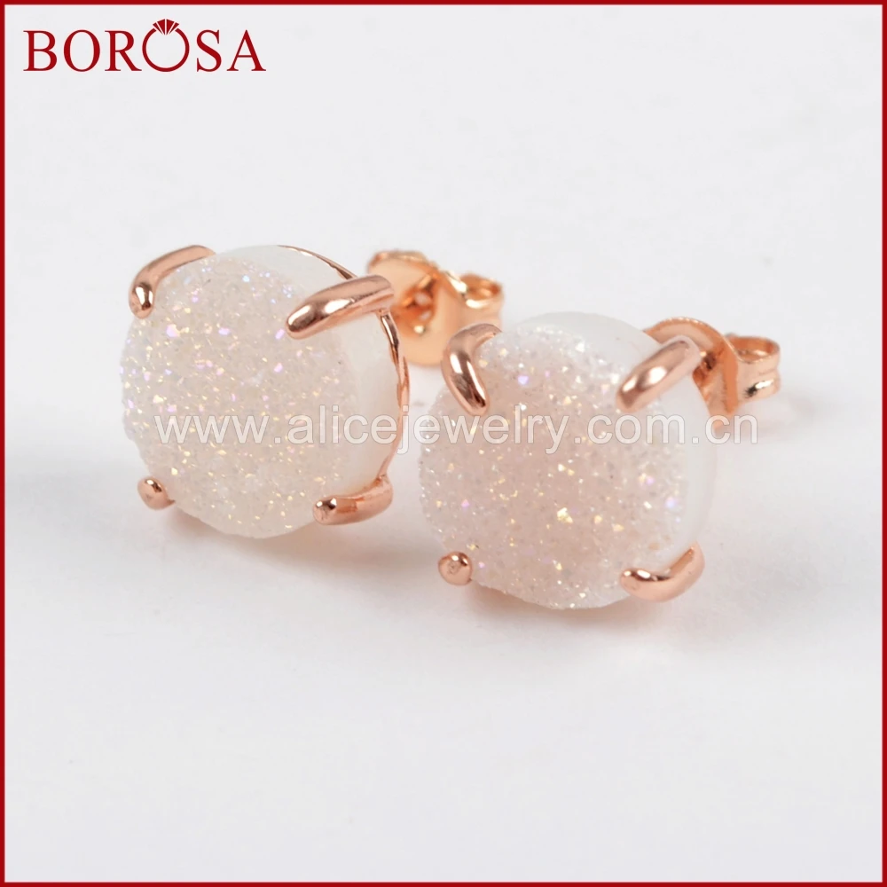 

BOROSA 5Pairs Natural Druzy Mix Colors 10mm Round Rose Gold Claw Titanium Multi-color Drusy Geode Stud Earrings for Women ZG0132