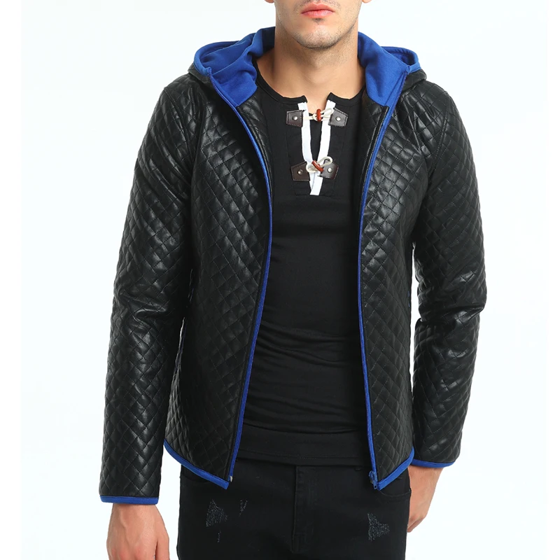 

2018 New Jacket Men Hot Sale High Quality Hit Color Hooded Leather Tide Plaid Thick Zipper Jacket Brand Coat Casual