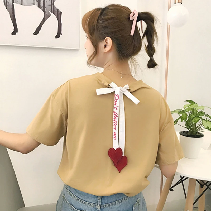 Женская футболка весна лето 2019 Корейская одежда Ulzzang Harajuku бандаж на спине с