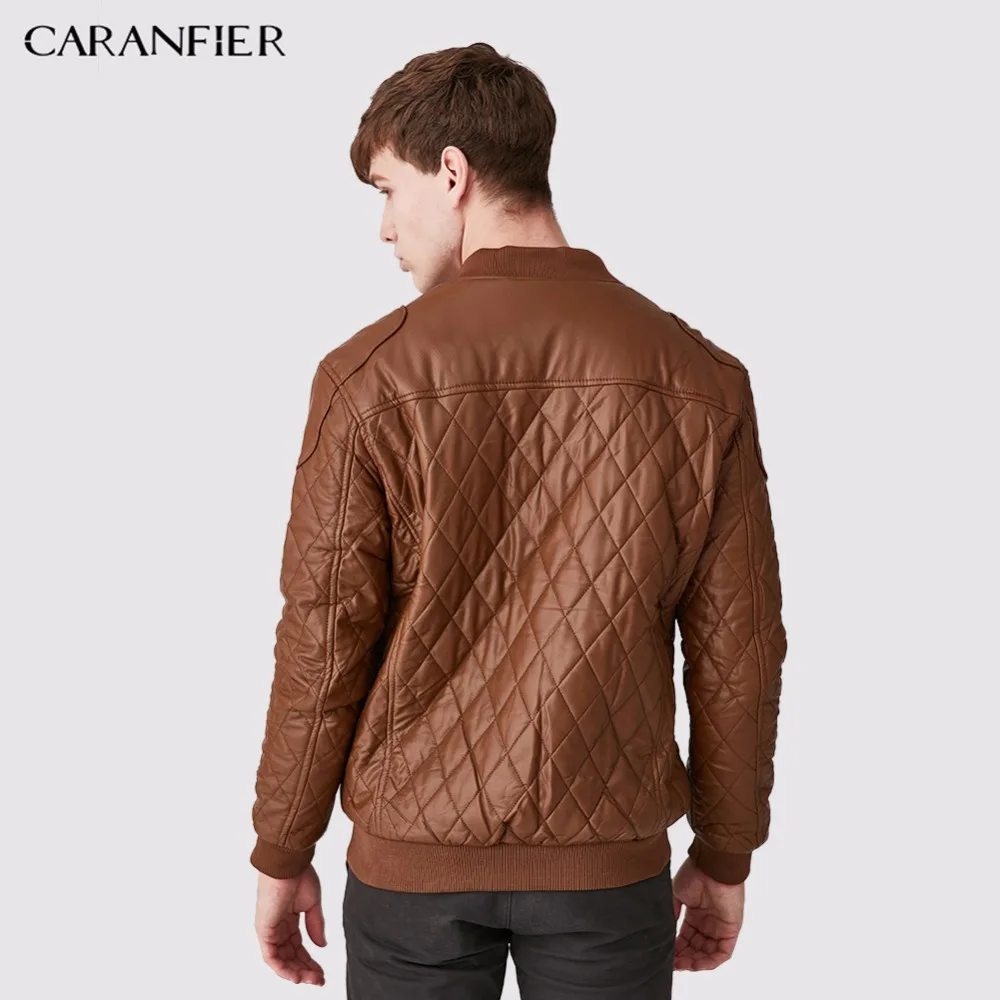CARANFIER Новая мужская кожаная куртка высокого качества Клетчатая Мужская мода