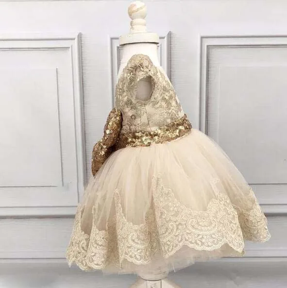 Champagne tutu tulle wedding flower girl dress ball gown baby celebrity birthday party with lace trim and golden sequin bow | Детская