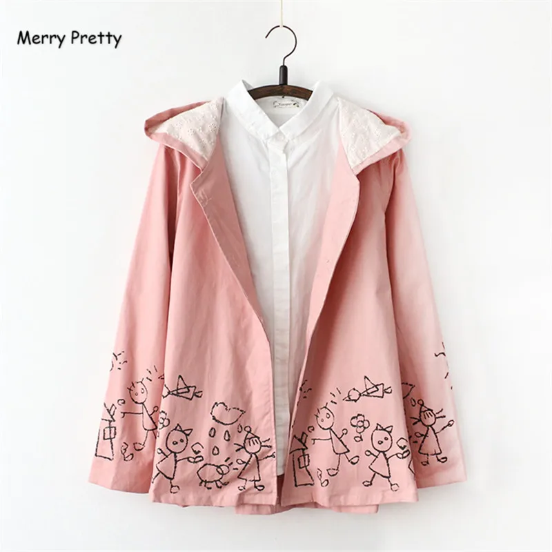Merry Pretty Осень Зима Новая женская розовая куртка японский стиль мультфильм печати с длинным рукавом капюшоном Повседневная милая девушка верхняя одежда пальто
