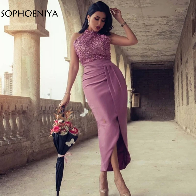 Женское вечернее платье до середины икры короткое с кристаллами для выпускного