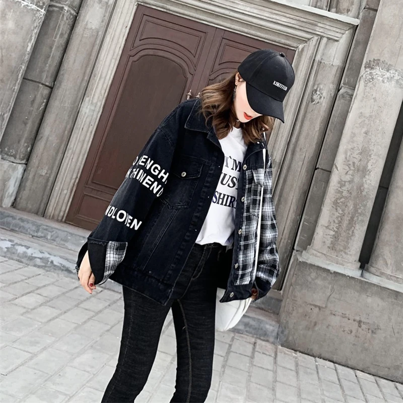Осенняя стежка черная Свободная джинсовая куртка Harajuku куртка-бомбер уличная клетчатая черная джинсовая куртка женская куртка с буквенным принтом