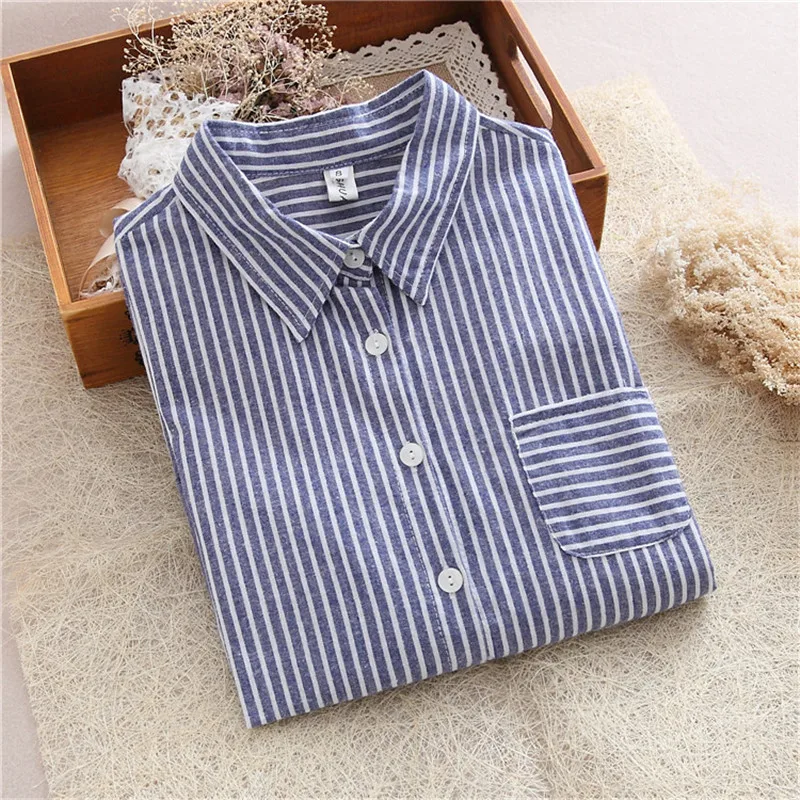 QIHUANG New Women Striped Shirts Blouses Work Shirt Loose Tops Female Long Sleeve Vintage Ladies Clothing |