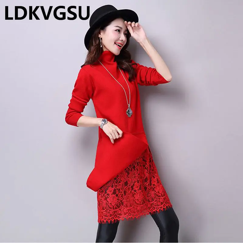 Женское трикотажное платье свитер свободное однотонное с воротником хомутом