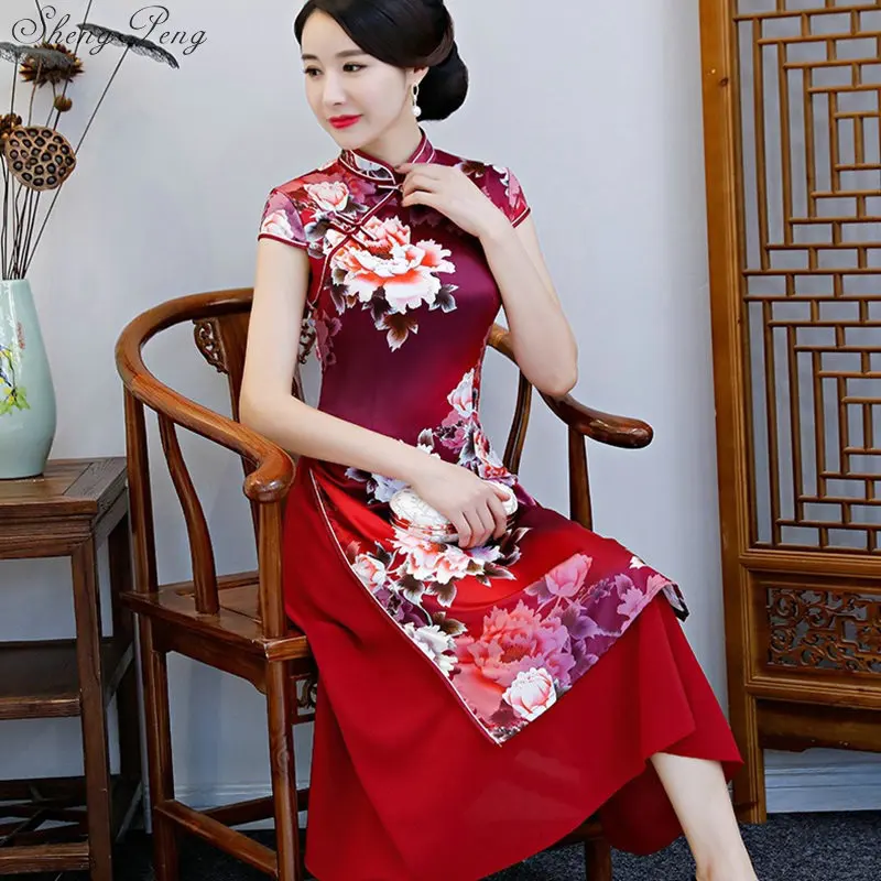 

2019 new folk style vietnam robes chiffon aodai graceful dress stand collar elegant Traditional Clothing Floral aodai V1425