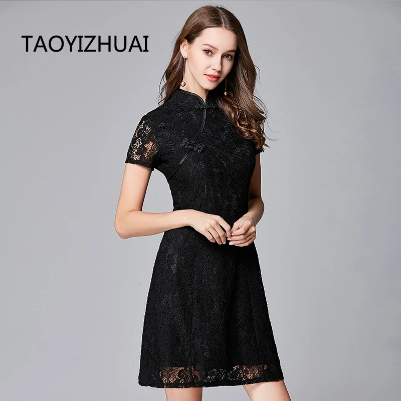 Женское кружевное платье Чонсам TAOYIZHUAI черное ажурное большого размера с