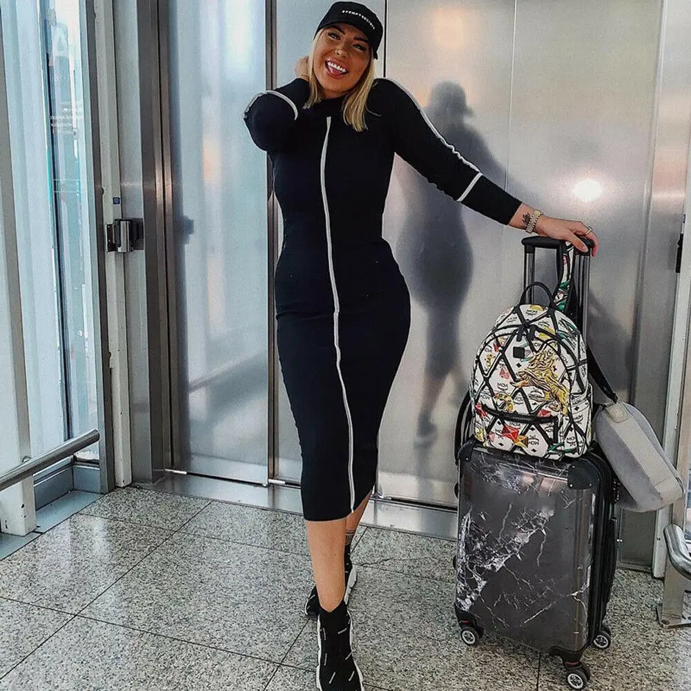 Модное женское облегающее платье-карандаш контрастного цвета с длинным рукавом