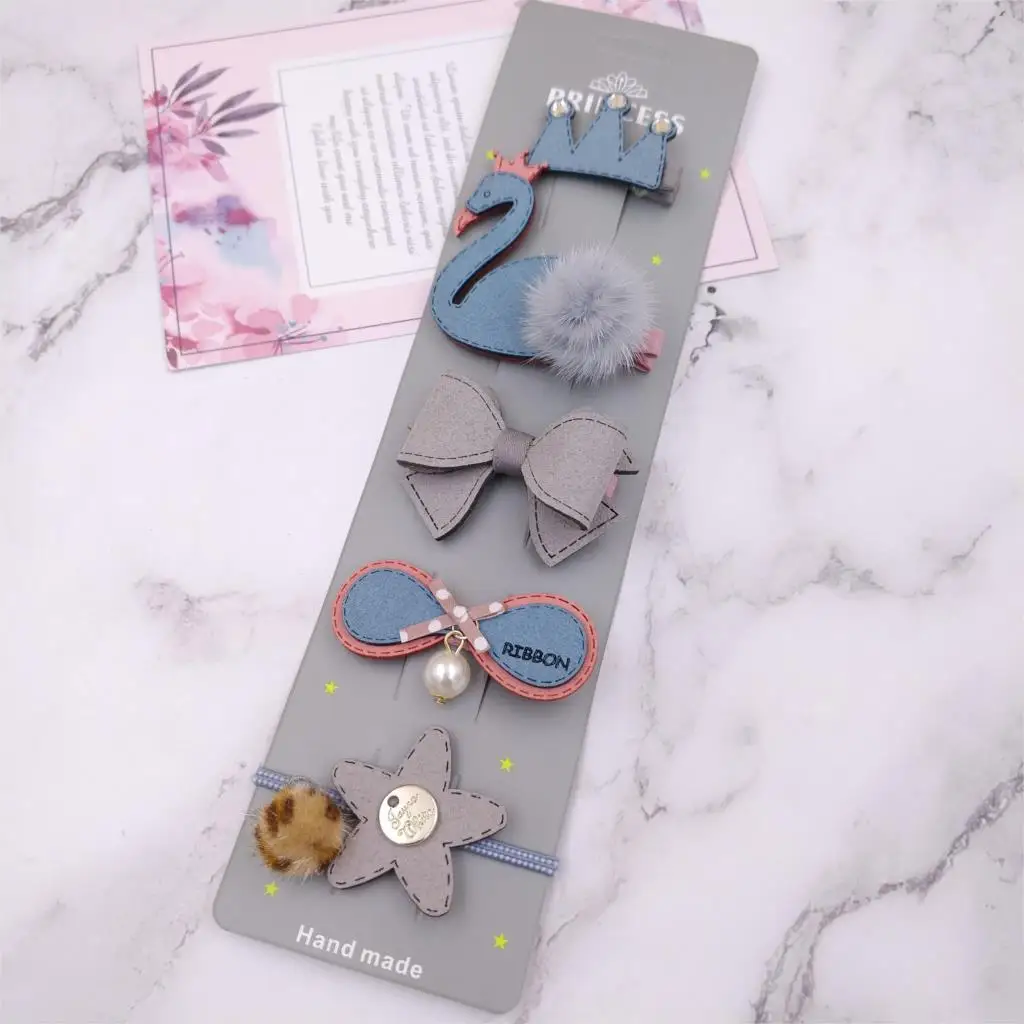 5 шт./компл. для маленьких девочек hairclip кожа шпилька заколки Головные уборы меха с рисунком лебедя Hairwear аксессуары для волос