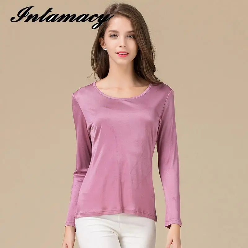 Осенняя новая шелковая двойная вязка Классическая футболка с длинным рукавом 100%