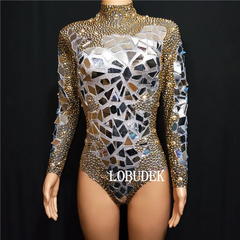 Gold Silver Rhinestones Mirrors Bodysuit Elastic Skinny Crystal Sequins Jumpsuit Birthday Party Nightclub Singer Dancer Costume