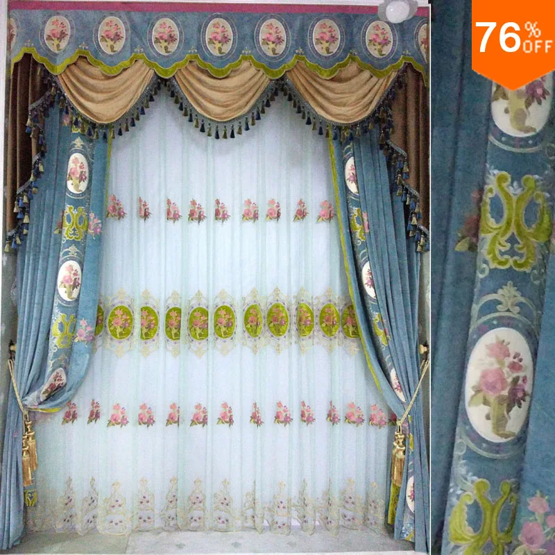 

for 2.5 meter window valance Curtain luxury curtain for living room and dinning Room hotel Curtain mirror flower Blue drape