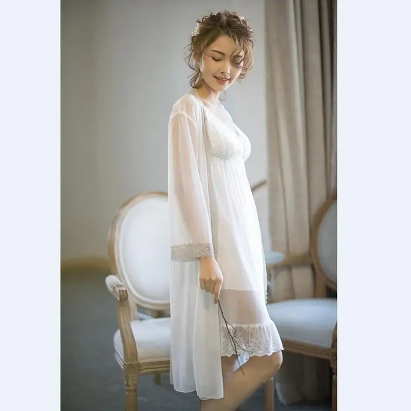 Smmoloa Summer Women Lace Robe Gown Set Sexy See-through Mesh Sleepwear | Женская одежда
