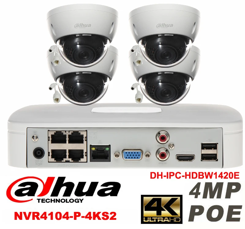 

Dahua original 4CH 4MP H2.64 DH-IPC-HDBW1420E 4pcs Dome IP CCTV security camera POE DAHUA DHI-NVR4104-P-4KS2 Network camera kit