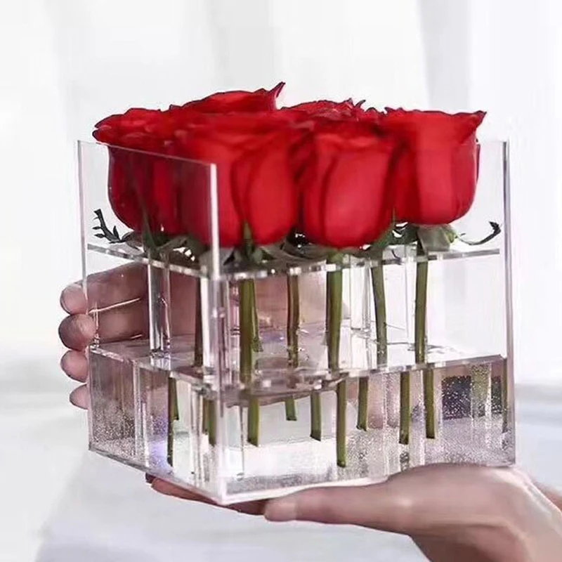 

Acrylic Flower Box Water Holder Handmade Vase Decorative Square Flower Pot Transparent for Wife Girlfriend Gift Valentine's Day