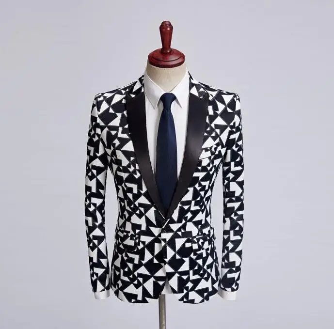 Black and white printing clothes men suits designs masculino homme terno stage costumes for singers jacket men blazer dance