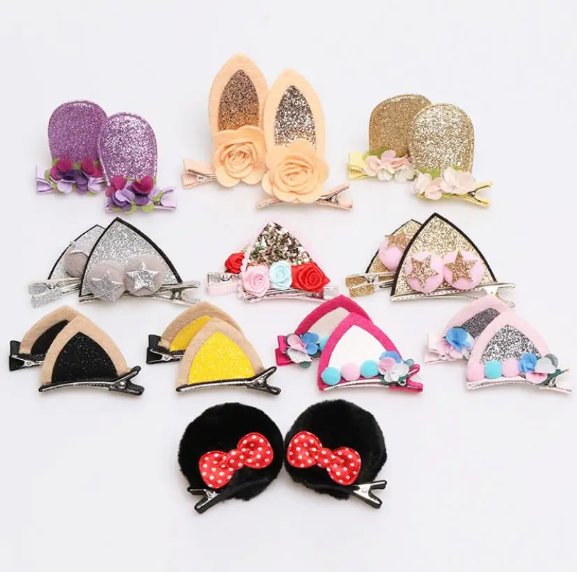 2Pcs Solid cat ears hairpins Sequins ears hair clips cute rabbit ears shape barrettes girls Bow hair accessories headdress J52